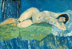 CLAUDIA WILLIAMS oil on board - entitled verso 'Nu Chambre Bleu', signed, 36 x 33cms