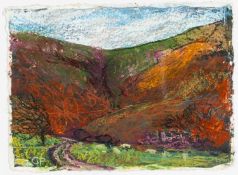 GWILYM PRICHARD mixed media on torn paper - autumnal landscape, signed with initials, 14 x 19cms