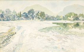 GWILYM PRICHARD watercolour - Continental landscape with trees and distant mountains, signed in
