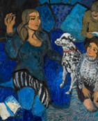 CLAUDIA WILLIAMS oil on canvas - entitled verso 'Playing in the Blue Room', signed with initials,