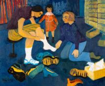 CLAUDIA WILLIAMS oil on canvas - entitled verso 'In the Shoe Shop', signed, signed and dated verso