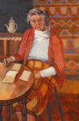 CLAUDIA WILLIAMS oil on canvas - portrait of an elderly woman, 'Mrs Dawkins', sat at a table, signed