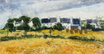 GWILYM PRICHARD mixed media - entitled verso 'Petit Hameau/Small Hamlet', fully signed, 30 x 58cms