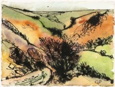 GWILYM PRICHARD ink and watercolour on card - entitled verso 'Three Trees', signed with initials,
