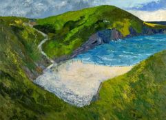 GWILYM PRICHARD oil on canvas - entitled verso 'Traeth Mwnt', signed with initials, fully signed and