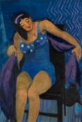 CLAUDIA WILLIAMS oil on canvas - entitled verso 'Blue, Black, Purple, with Black Cat', signed with