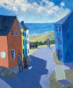GWILYM PRICHARD oil on canvas - Tenby street scene with buildings and figures, signed with initials,