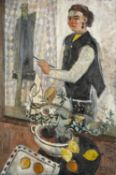 CLAUDIA WILLIAMS oil on board - early self-portrait at easel with fruit, signed, 91 x 61cms Note