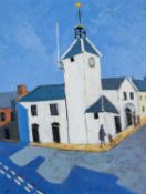 GWILYM PRICHARD oil on canvas - Breton whitewashed church and figures walking, signed with initials,
