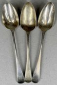 THREE GEORGE III SILVER TABLESPOONS, London 1799 and 1800, various makers including William Eley and