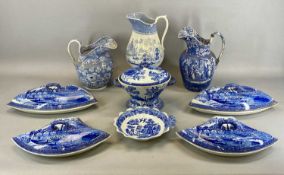 19TH CENTURY BLUE & WHITE TRANSFER WARE, including oval two-handled tureen with cover, three jugs,