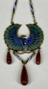 PLIQUE-À-JOUR SILVER GILT PENDANT AND CHAIN, window enamelled as a phoenix, with central clear