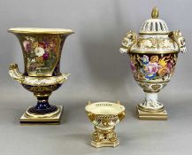 DERBY CAMPANA FORM VASE, c.1850, blue glazed with gilded highlights, panel painted with bouquet of