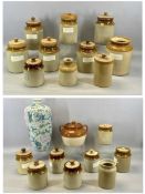 VINTAGE STONEWARE STORAGE JARS, some with wooden covers, 25cms (h) the tallest Provenance: private