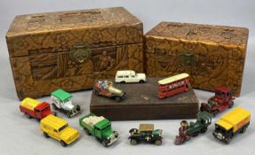 TWO CHINESE CAMPHOR WOOD TRINKET BOXES, carved decoration and brass lock plates, 31cms (w) the