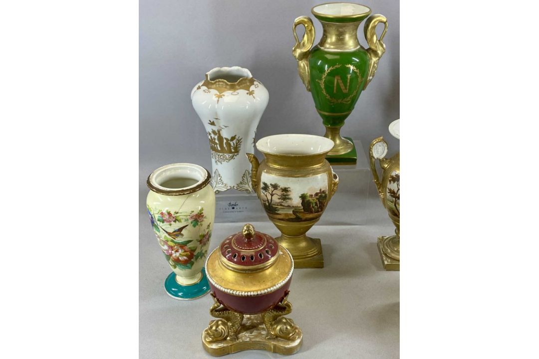 GROUP OF MIXED EUROPEAN PORCELAIN, including two-handled urn shaped vase on stand, body decorated - Image 3 of 3