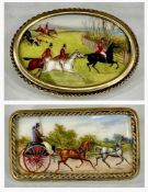 TWO VINTAGE HAND-PAINTED PORCELAIN BROOCHES, in gilded frames, rectangular coaching scene, 25 x