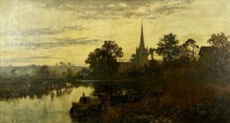 WILLIAM MATHISON (British 1825-1893) oil on canvas - rural river landscape with barge in foreground,