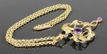 9CT GOLD ART NOUVEAU PENDANT, set with central amethyst and split seed pearls, amethyst drop, 9ct