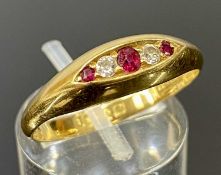18CT GOLD RUBY & DIAMOND FIVE-STONE RING, size S, 2.5gms Provenance: private collection Gwynedd