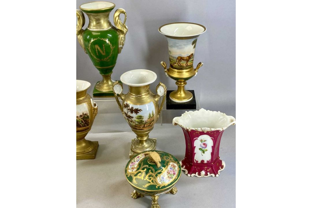 GROUP OF MIXED EUROPEAN PORCELAIN, including two-handled urn shaped vase on stand, body decorated - Image 2 of 3