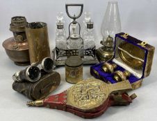 ASSORTED COLLECTABLES, including copper oil lamp, brass oil lamp with chimney, brass shell case,