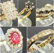 GROUP OF DRESS RINGS, including 9ct gold pink and clear cluster, clear five-stone cross-over, 9ct
