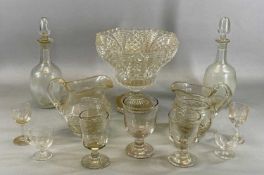 ASSORTMENT OF ANTIQUE GLASSWARE, including custard cups, rummers, cut-glass jugs, two decanters,