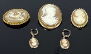 THREE OVAL CAMEO PORTRAIT BROOCHES in gold / yellow metal frames, and pair of oval cameo portrait