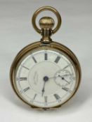 WALTHAM 14CT GOLD OPEN-FACED POCKET WATCH, keyless, signed white enamel dial with Roman numerals and