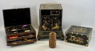 THREE CHINESE LACQUERED BOXES, 36cms (h) the tallest, and Chinese carved bamboo brush pot, 14cms (h)