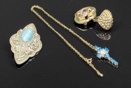 ASSORTED JEWELLERY, including 9ct gold stone set crucifix with fine link chain, yellow metal open