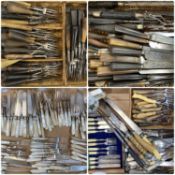 LARGE ASSORTMENT OF ANTIQUE CUTLERY, including horn handled dinner knives and forks, mother of pearl