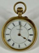 CHARLES & CO. LIVERPOOL 18CT GOLD CASED FOB WATCH, keyless, signed white enamel dial with black