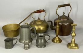 ANTIQUE METALWARE, including circular copper kettle, cover with acorn finial, circular brass
