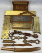 ASSORTED COLLECTABLES, including brass-faced cribbage boards, wooden letter openers, love spoons,
