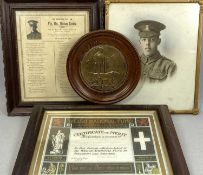 WWI EPHEMERA, including a framed bronze death plaque to William Thomas Davies Royal Welch Fusiliers,