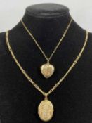 TWO 9CT GOLD LOCKETS & CHAINS, oval with floral engraved front, and heart shaped, 17gms gross