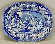 19TH CENTURY BLUE & WHITE TRANSFERWARE ITEMS, including rare large indented meat plate with gravy