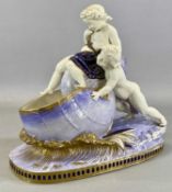 CONTINENTAL CERAMIC CENTREPIECE, early 20th century, modelled as two putti on a shell,
