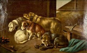 UNKNOWN 19TH CENTURY oil on canvas - dogs resting by fire, unsigned, 41 x 67cms Provenance: