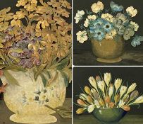 THREE VICTORIAN PAPER COLLAGE PICTURES, still lifes of flowers, artist unknown, 31 x 39cms