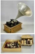 EDISON BELL PHONOGRAPH, in oak case, with aluminium horn and a selection of cylinder records