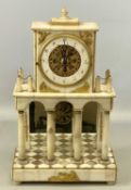 19TH CENTURY EUROPEAN ALABASTER & MARBLE MANTEL CLOCK, of architectural design, with figural gilt