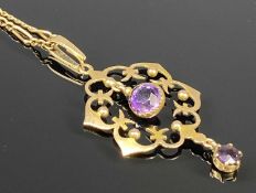 9CT GOLD PENDANT, set with two amethyst drops, 9ct gold chain, 52cms (l), 5gms gross Provenance: