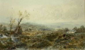 ALBERT POLLITT (British 1856-1926) watercolour - mountainous moorland with figures in foreground,
