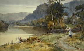 WARREN WILLIAMS (Welsh 1863-1918) watercolour - Church Pool, Betws-y-Coed with figure beside River