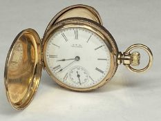 YELLOW METAL KEYLESS FULL HUNTER FOB WATCH, American Waltham Watch Co., with engraved outer case,