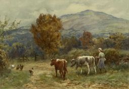 FRED J. KNOWLES (British 1874-1931) watercolour - cattle, chickens, and maid with mountain beyond,