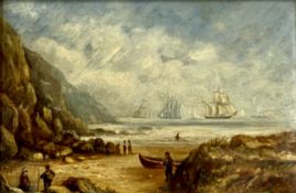 UNKNOWN 19TH CENTURY oil on board - coastal view with figures on beach and sailing boats offshore,
